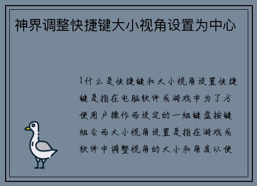 神界调整快捷键大小视角设置为中心